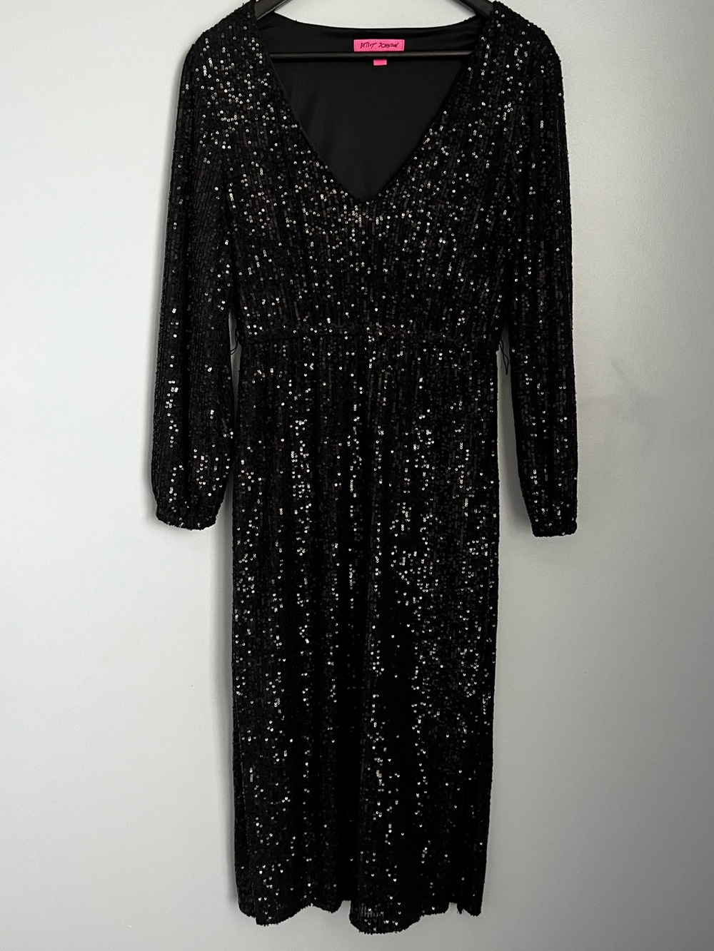 Betsey Johnson Black Sequin Midi Dress LBD 3/4 Length Sleeve Pullover Size S